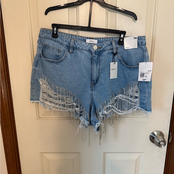 Forever 21 Blue Jean Shorts with Distressed Jewel Fringe 14 - Picture 2 of 6